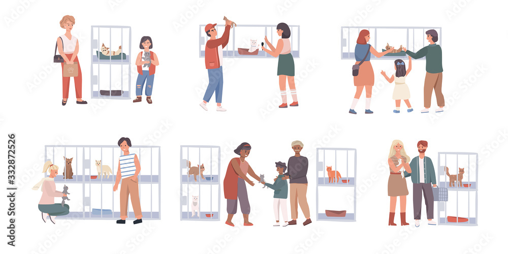 People in pet shelter, family adopting cats, cute animals, vector illustration. Set of isolated cartoon character, people choosing cat in animal shelter. Pet rescue rehabilitation center, happy family