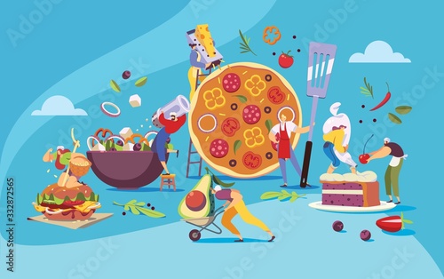 Restaurant team cooking food, pizzeria cafe menu concept, vector illustration. Tiny people cartoon characters cooking huge dishes of Italian cuisine. Pizza, salad, hamburger and cake. Restaurant team