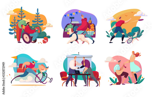 Disabled people enjoying life active and successful social lifestyle, vector illustration. People with disabilities have successful business career, happy relationship and participate in sport contest