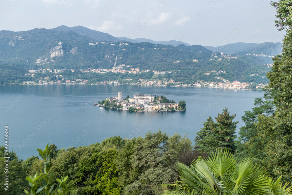 Aerial view of the island of San Giulio in Lake D'Orta