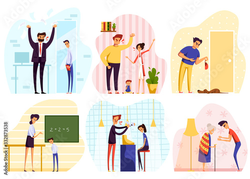 Angry people yelling, conflict at work, in family and at school, vector illustration. Men and women quarrel, problem in relationship, unhappy cartoon characters. People arguing, anger expression set