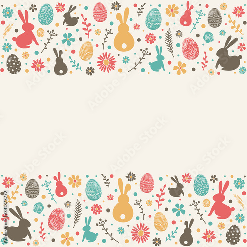 Colourful Easter decoration. White background with decorative eggs  bunnies and flowers. Vector