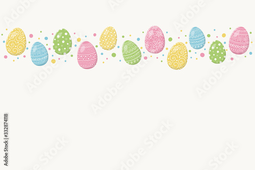Easter background with colourful eggs. Layout of poster with empty frame. Vector