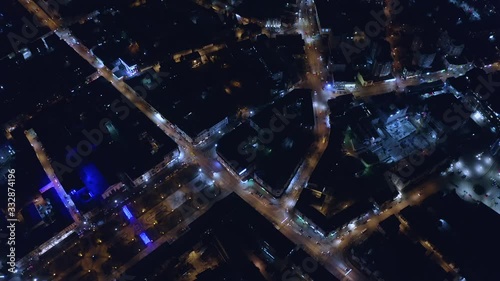 Top view of night city with cars and night lights. night Ternopil. Ukraine. Night life.