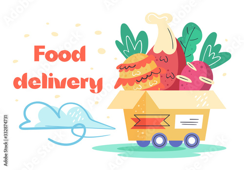 Food delivery. Pineapple, beet, chicken food, salad, box. Post. Coronavirus pandemic self isolation, health care, protection. Flat colourful vector illustration, art isolated on white background.