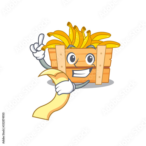 cartoon character of banana fruit boxholding menu ready to serve photo