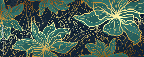 Luxury wallpaper design with Golden floral and natural background. Lotus line arts design for fabric, prints and background texture, Vector illustration.