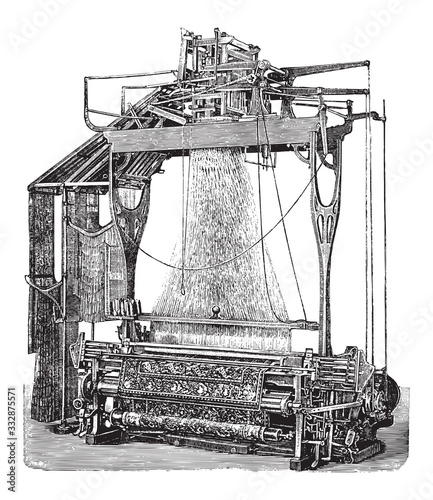 Old weaving loom machine / vintage illustration from Brockhaus Konversations-Lexikon 1908