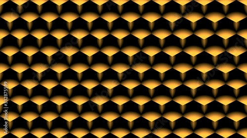 Computer generated image of an hexagonal structure in black and golden tones. Geometrical background.
