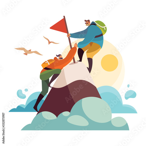 Climbing a mountain, two male characters conquered the top of mountain, vector illustration, isolated on white background. Men characters, outdoor camping concept and wildlife. Colorful flat style.