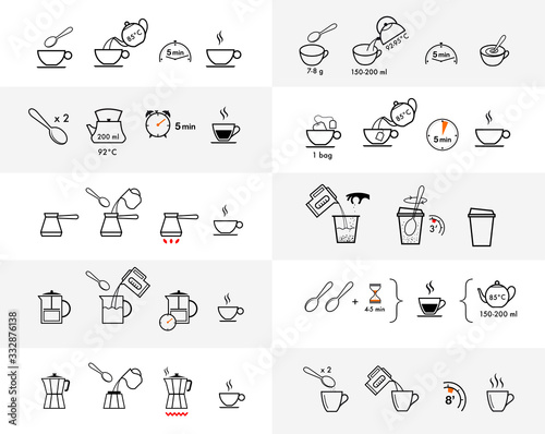 Set of methods of brewing tea and coffee. Preparation instructions. Vector elements for infographics. Set of sign for detailed guideline. Ready for your design.