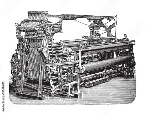 Old weaving loom machine / vintage illustration from Brockhaus Konversations-Lexikon 1908