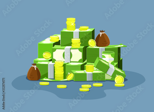 Pile of money: stacks of golden coins and packs of dollar bills
