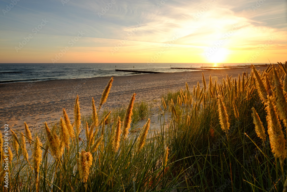 Morze Bałtyckie,wydmy na piaszczystej plaży w Kołobrzegu o wschodzie słońca.
