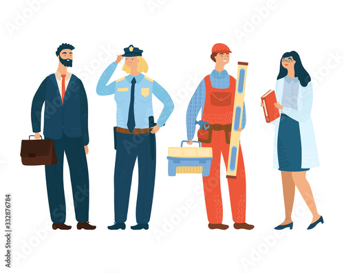 Businessman, police officer, engineer and scientist concept different profession vector illustration, isolated on white background. Characters male and female different occupation icon. Cartoon style.