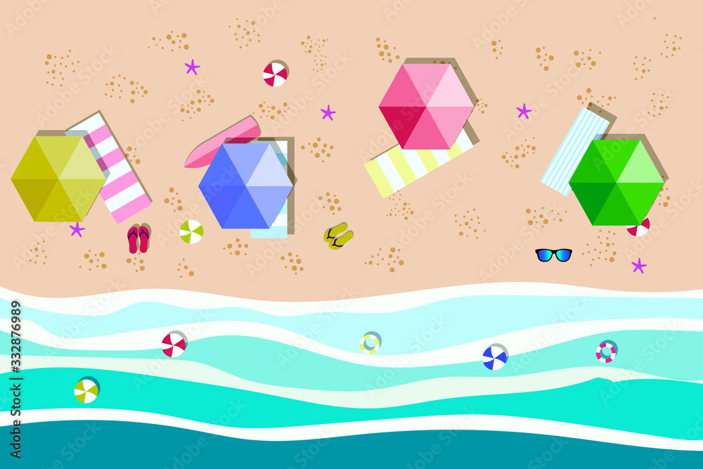 Summer sunny beach with umbrellas. Sea waves Top view. Travel, vacation, holidays concept Summer sunny beach with umbrellas. Sea waves Top view. Travel, vacation, holidays concept