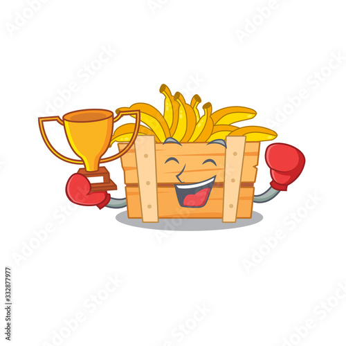 Happy face of boxing winner banana fruit box in mascot design style