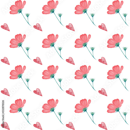 Seamless pattern of watercolor corall flowers with hearts. Hand Drawing. Isolated on white background. Floral illustration for design  print  fabric  invitations  wallart  wrapping paper and other.