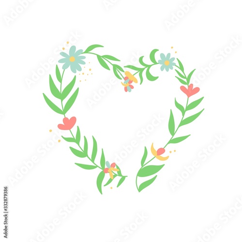 Flower frame in the form of a heart, abstract plants, leaves, flowers in pastel colors. For invitations, cards for wedding day, mother's Day, Birthday, women's day.illustration