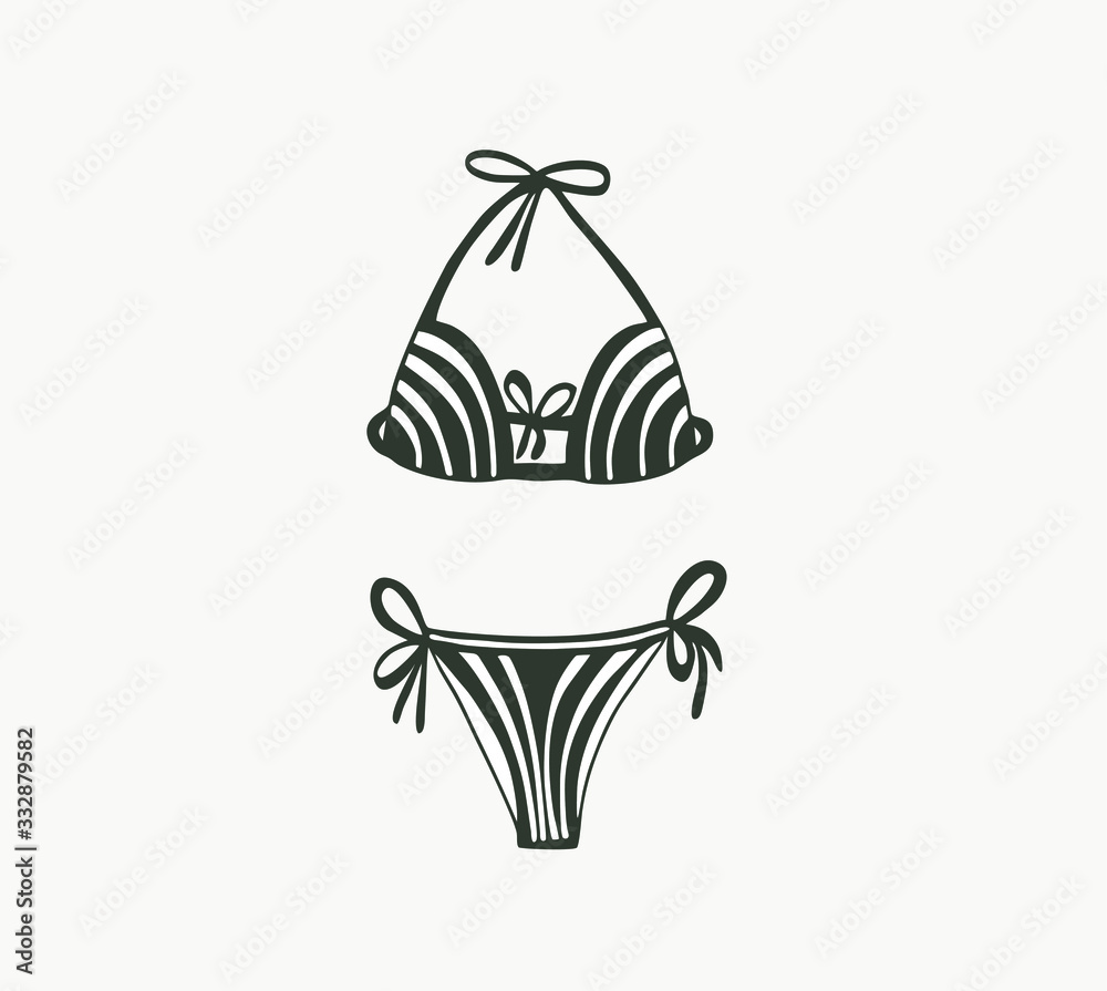Monochrome, striped black and white split swimsuit with laces. Drawn in flat style. Body isolated vector. Monochrome, striped black and white split swimsuit with laces. Drawn in flat style. Body isolated vector.
