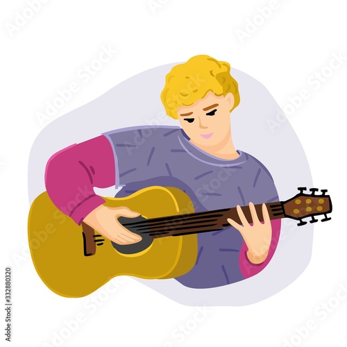 Man plays a yellow guitar. Favorite hobby. Concept of spending time at home during the quarantine and pandemic. Banner about the love of music. Training on musical instruments. Vector illustration