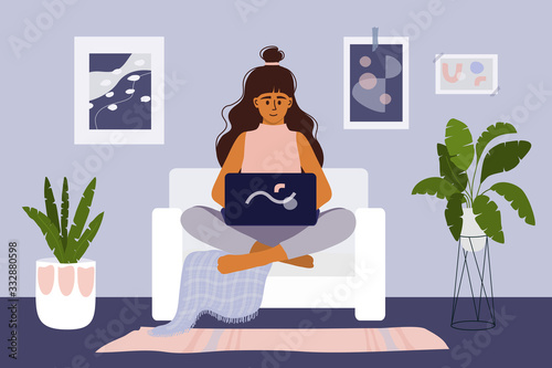 Stay and work from home concept. Coronavirus pandemic, quarantine or isolation. Cute girl sitting on sofa and working on laptop. Vector illustration of young freelancer woman in comfortable workplace.
