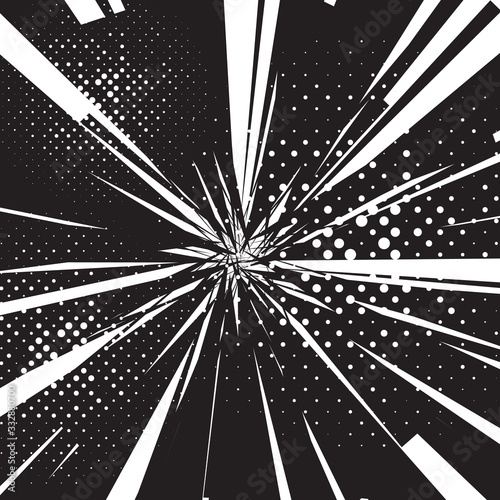 Effect motion lines for comic book and manga. Speed lines with effect explosion on halftone rays background. Text banner. Comics pop-art style template for your design