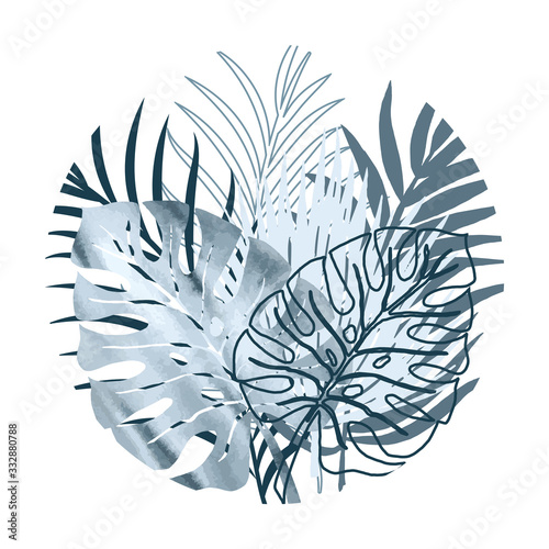 Vector color poster of blue watercolor and silhouette palm exotics and monstera leaves in the shape of a round. Vector modern illustration.