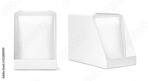 Set of blank sachet packaging in the show box mockup for food, cosmetic and hygiene. Vector illustration on white background. Ready for your design. EPS10.	