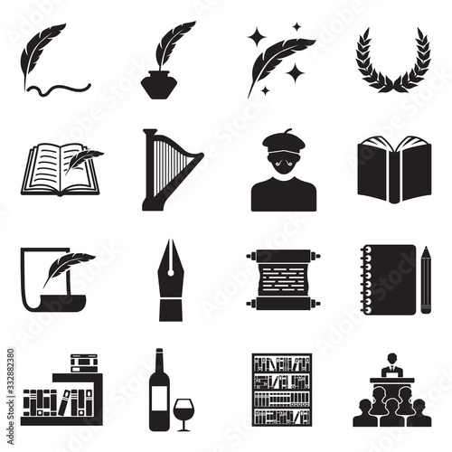Poetry Icons. Black Flat Design. Vector Illustration.
