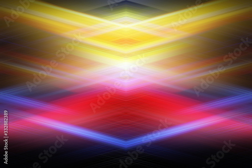 Bright intercrossing arrow shaped rays of light forming complex geometrical structures abstract texture background.