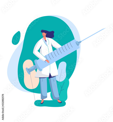 Woman doctor holding syringe with medication, female characters concept and flat vector illustration on white background. Medical staff stand with disposable syringe, web banner, poster.