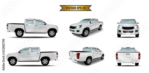 Car pickup mockup realistic white isolated on the background. Ready to apply to your design. Vector illustration.