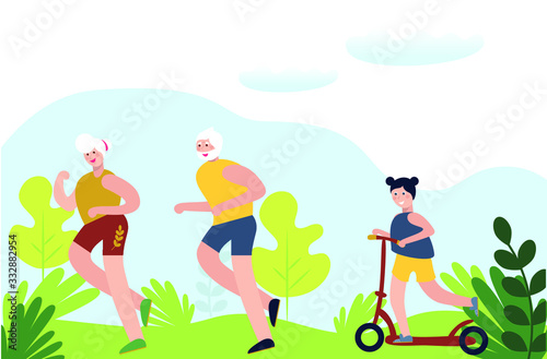 Father, mother, daughter are running around in the park.Vector illustration about healthy lifestyle.Vector Cartoon style.