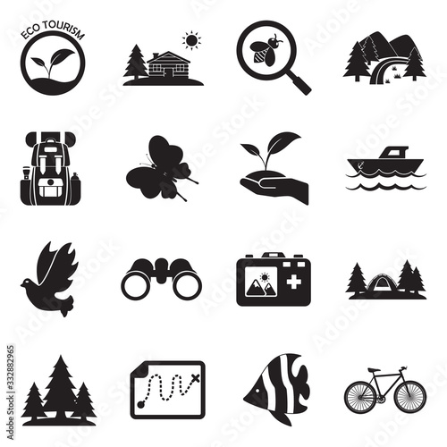 Eco Tourism Icons. Black Flat Design. Vector Illustration.