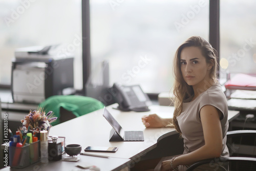 business woman office, ginseng sitting in the office at the table, work, business concept