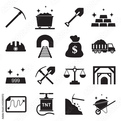 Gold Mine Icons. Black Flat Design. Vector Illustration.