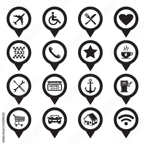 Location Pin Icons. Black Flat Design. Vector Illustration.
