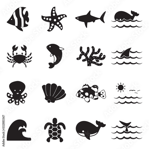 Marine Life Icons. Black Flat Design. Vector Illustration. © andrej