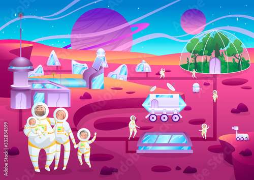 Family of astronauts terraforming planet, space colonization, vector illustration. Happy people on another planet, research base on Mars, science fantasy world of future. Cosmonaut family in spacesuit