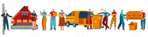 Happy people moving to new house, isolated cartoon characters, vector illustration. Couple buying new house, furniture delivery, real estate agency. People carrying boxes, couple relocating
