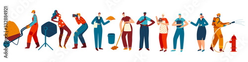 People of different professions, isolated cartoon characters, vector illustration. Men and women in work uniform, various occupations. Professional builder, doctor, waiter, cleaner and police officer