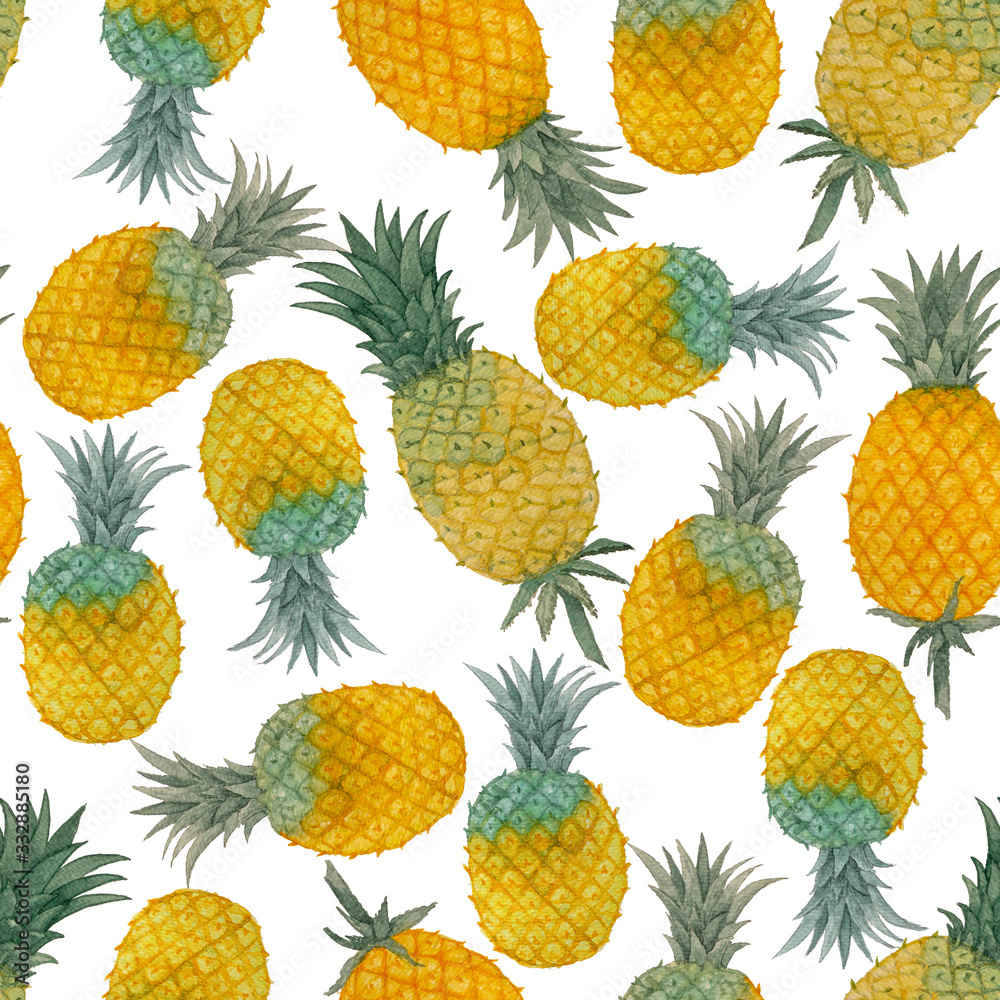 Yellow and green Pineapple fruits illustration seamless pattern, watercolor painting, die cut isolated with clipping path on white background, element for fabric textile printed and wallpaper texture Yellow and green Pineapple fruits illustration seamless pattern, watercolor painting, die cut isolated with clipping path on white background, element for fabric textile printed and wallpaper texture