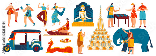 Main symbols of Thailand, set of isolated tourist attractions, vector illustration. People travel to Thailand, exotic Asian country. Buddha, pagoda temple, Thai massage and boxing, cartoon characters