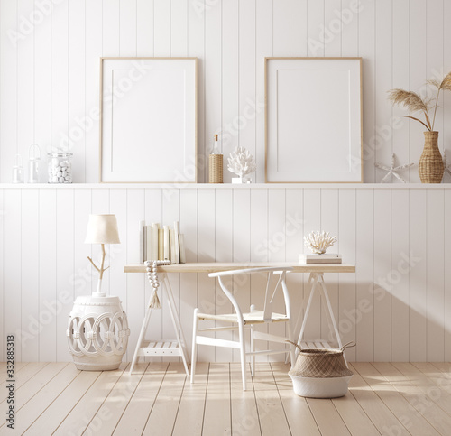 Poster mock up in home interior background, home office, Coastal style, 3d render