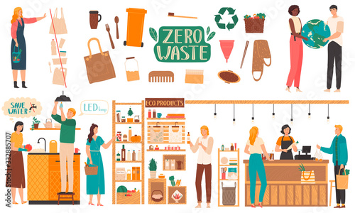 Zero waste lifestyle, environment friendly products, vector illustration. Reduce, reuse and recycle concept. People in eco shop, isolated items from natural materials, zero waste store, no plastic