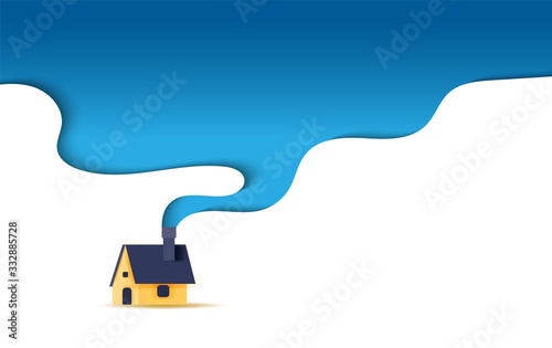 illustration of House with a smoking chimney shape curve concept.Creative paper cut and craft style.Winter season background.Minimal modern holiday banner.My home space for your text idea.vector EPS10
