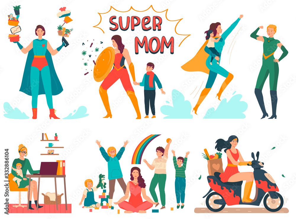 Superhero mother takes care of child, cartoon character vector illustration. Super mom in costume, people with supernatural powers protect kids, woman working from home and doing housework