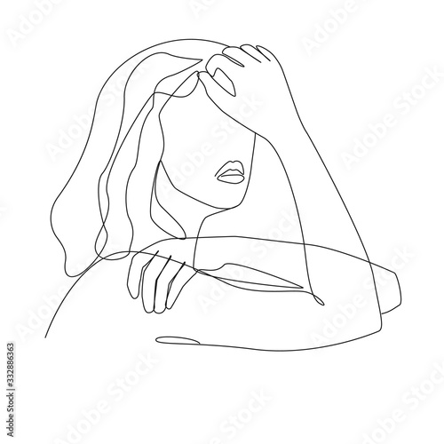 Woman suffering from headache one line drawing on white isolated background. Vector illustration