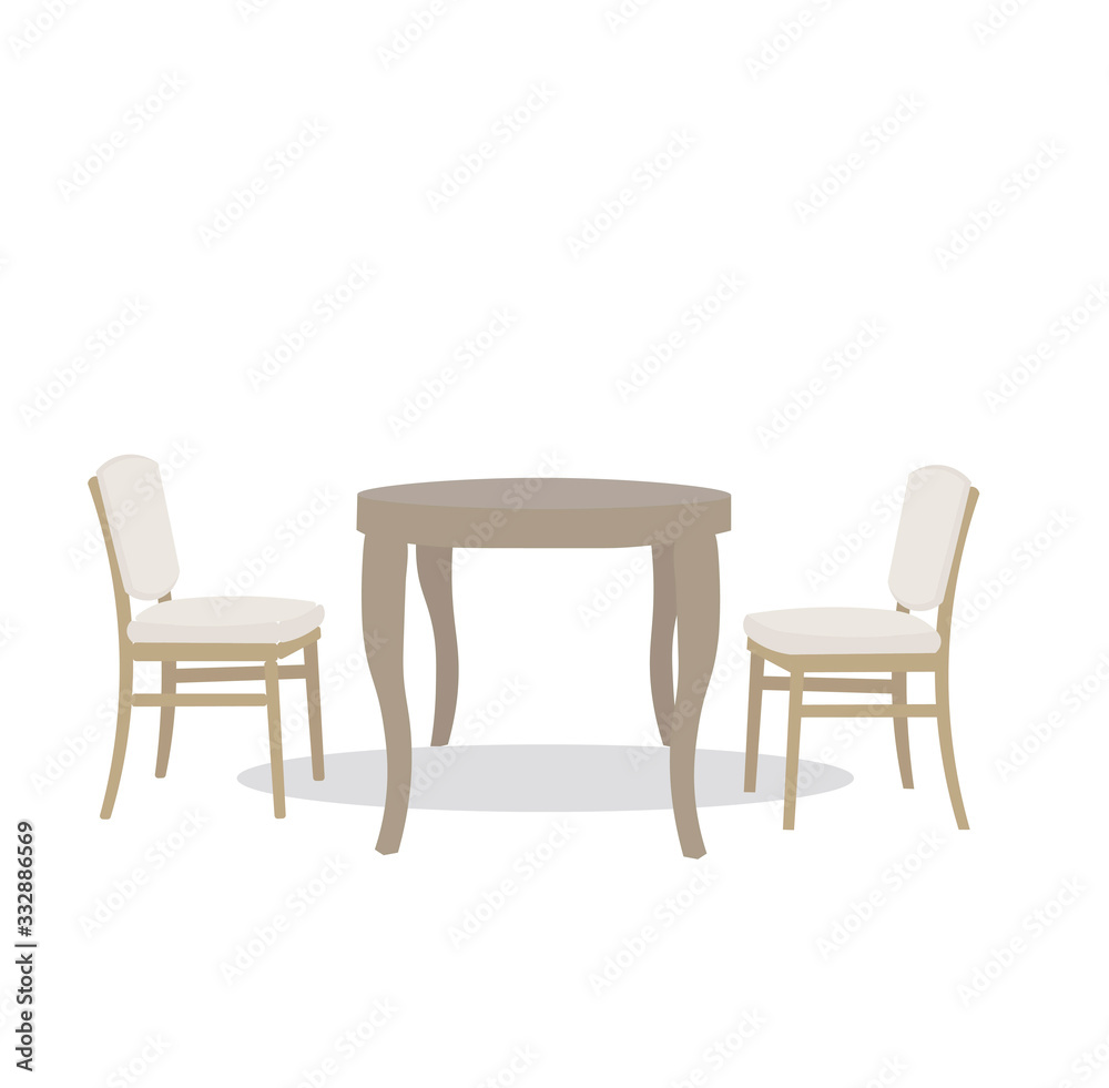 2d table with two chairs on white background for decoration design. Desk space concept. Vector design. Wooden table. Business background. White background isolated. Home decor. 2d table with two chairs on white background for decoration design. Desk space concept. Vector design. Wooden table. Business background. White background isolated. Home decor.